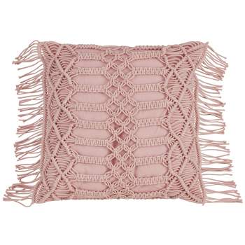 Saro Lifestyle Down Filled Cotton Decorative Pillow With Macramé Design, 18", Pink