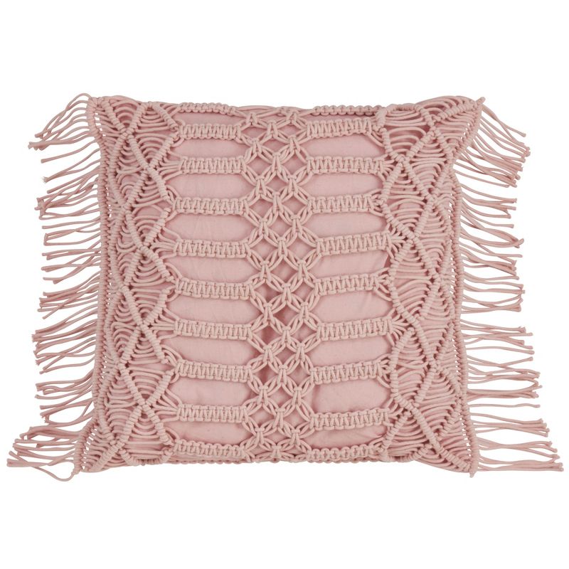 Saro Lifestyle Down Filled Cotton Decorative Pillow With Macramé Design, 18", Pink, 1 of 5