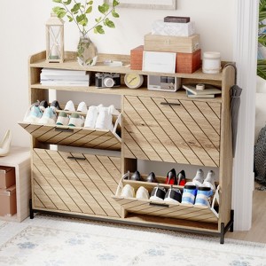 SKRAN Rustic Driftwood Shoe Cabinet with 4 Flip-Top Drawers: A Narrow, Freestanding Entryway Shoe Rack Cabinet with Metal Legs - 1 of 4