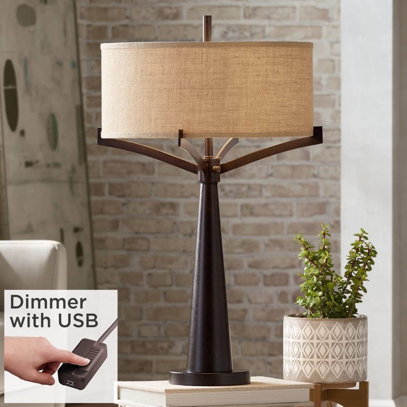 Franklin Iron Works Tremont Industrial Table Lamp 31 1/2" Tall Bronze Metal with USB Dimmer Cord Burlap Fabric Drum Shade for Living Room, 2 of 9