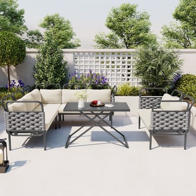 YOOCOZZ Woven Rope 5-Piece Patio Sectional Sofa Set with Glass Table and Cushions-Gray+Beige