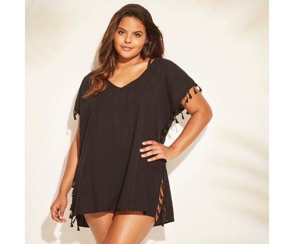 Women's Plus Size Tassel Trim Poncho Cover Up - Cover 2 Cover Black 1X