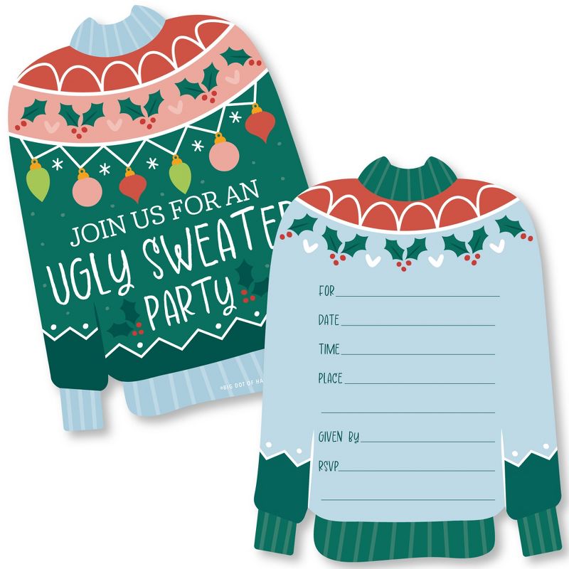 Big Dot of Happiness Colorful Christmas Sweaters - Shaped Fill-In Invitations - Ugly Sweater Holiday Party Invitation Cards with Envelopes - Set of 12, 1 of 9
