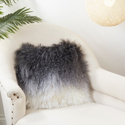 Gray and White Ombre Mongolian Lamb Fur Throw Pillow