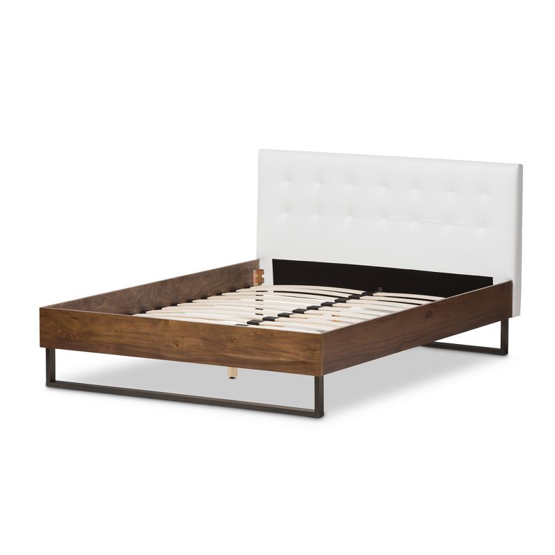 Queen Mitchell Rustic Industrial Walnut Wood and Faux Leather Metal Platform Bed White - Baxton Studio, 4 of 10