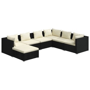 vidaXL Patio Lounge Set 7 Piece with Cushions - Black Poly Rattan Garden Sofa, Cream Cushions, Modular Design, Outdoor Furniture for Patio, Deck, Yard - 1 of 4