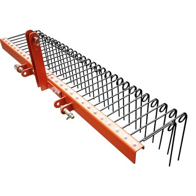 72" Pine Straw Rake Heavy Duty Steel Spring Landscape Rake for Tractors,Powder Coated Steel Straw Rake Suitable for Cat1 Cat2 Tactors, Orange