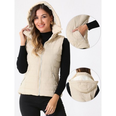 Allegra K Women's Zip-Up Sleeveless Winter Hoodie Quilted Jacket Beige Small — фото 2
