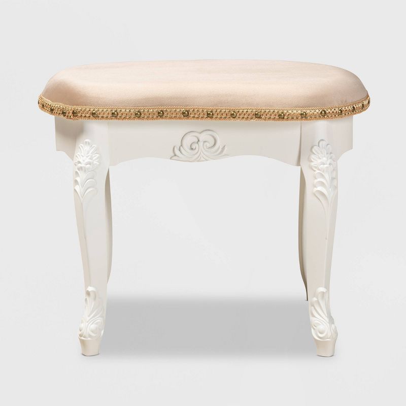 Gabrielle Velvet Fabric Upholstered Wood Vanity Ottoman Sand/White/Gold - Baxton Studio, 3 of 10