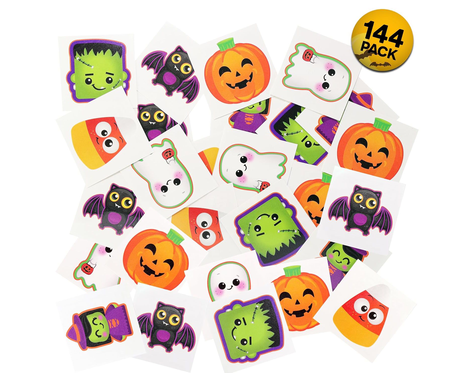 144 Halloween Tattoos for Kids, Pre-Cut 2" Temporary Tattoos in 6 Designs, Bulk Halloween Party Favors, Goodie Bag Fillers & Trick-or-Treat - Srenta