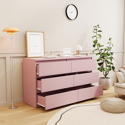 6 Drawer Double Dresser, Dresser Closet With Modern Wide Chest Of 6 Sliding Drawers, Large Storage Cabinet For Bedroom Hallway Living Room Pink