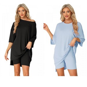 INSPIRE CHIC Women's 2 Pcs Knit Loungewear 3/4 Sleeve T-Shirt with Bike Shorts Pajama Set - 1 of 4