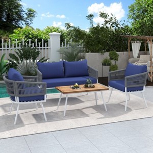 YOOCOZZ 4-Piece Boho Patio Rope Furniture Set with Acacia Wood Table and Thick Cushion - Beige - 1 of 4
