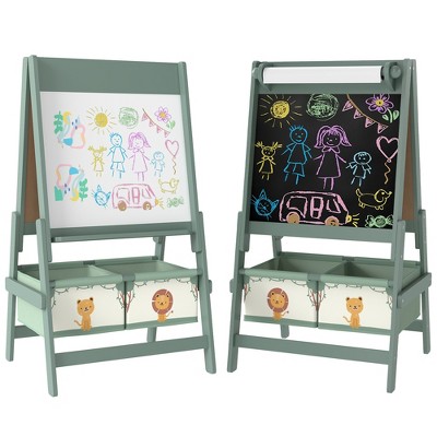 Qaba Kids Easel, 3-in-1 Double-Sided Art Easel with Paper Roll, Whiteboard & Chalkboard, Storage Baskets for Toddlers Ages 3-8