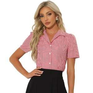 Allegra K Women's Plaid Puff Sleeves Vintage Summer Gingham Blouse - 1 of 4