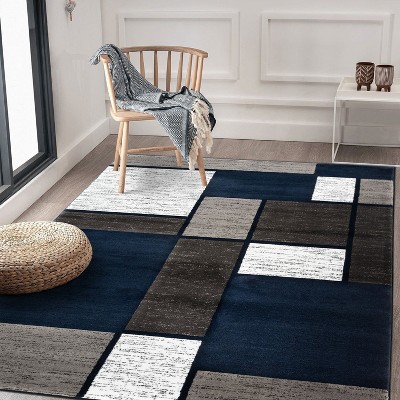 Navy Geometric Rectangular Washable Area Rug