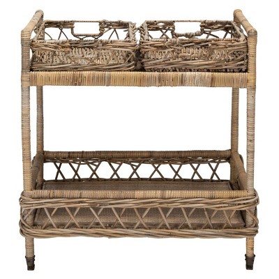 Ambrose 2 Tier Rattan Bar Cart - Grey Wash/antique Brass - Safavieh ...