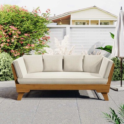 65'' Outdoor Daybed Sofa, 3 Seater Acacia Wood Patio Sofa with Foldable Arms and Cushions, Teak Finish Daybed for Balcony or Garden-Coolbibila