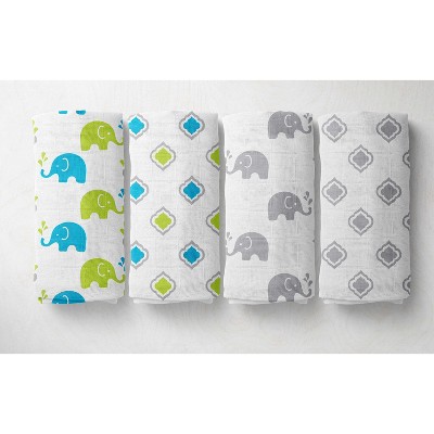 Bacati - Elephants Aqua/Lime/Gray Muslin Swaddling Blankets set of 4
