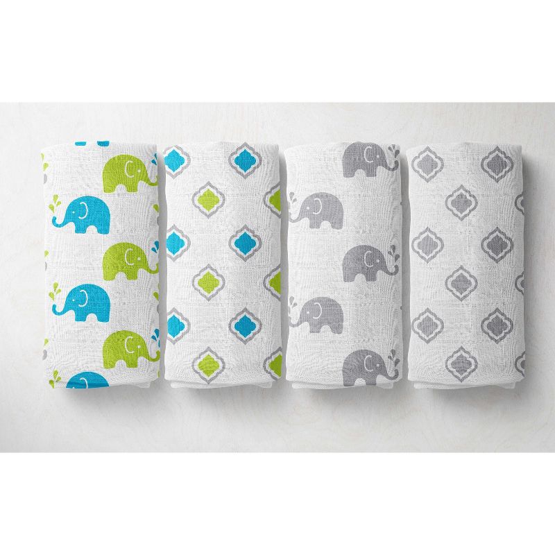 Bacati - Elephants Aqua/Lime/Gray Muslin Swaddling Blankets set of 4, 1 of 6