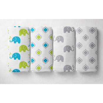 Bacati - Elephants Aqua/Lime/Gray Muslin Swaddling Blankets set of 4