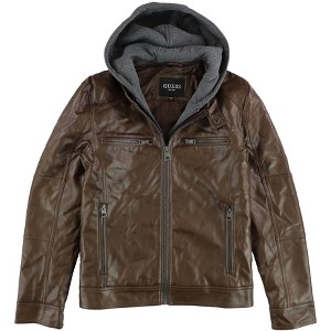 GUESS Mens Detachable Hood Faux-Leather Jacket - 1 of 2