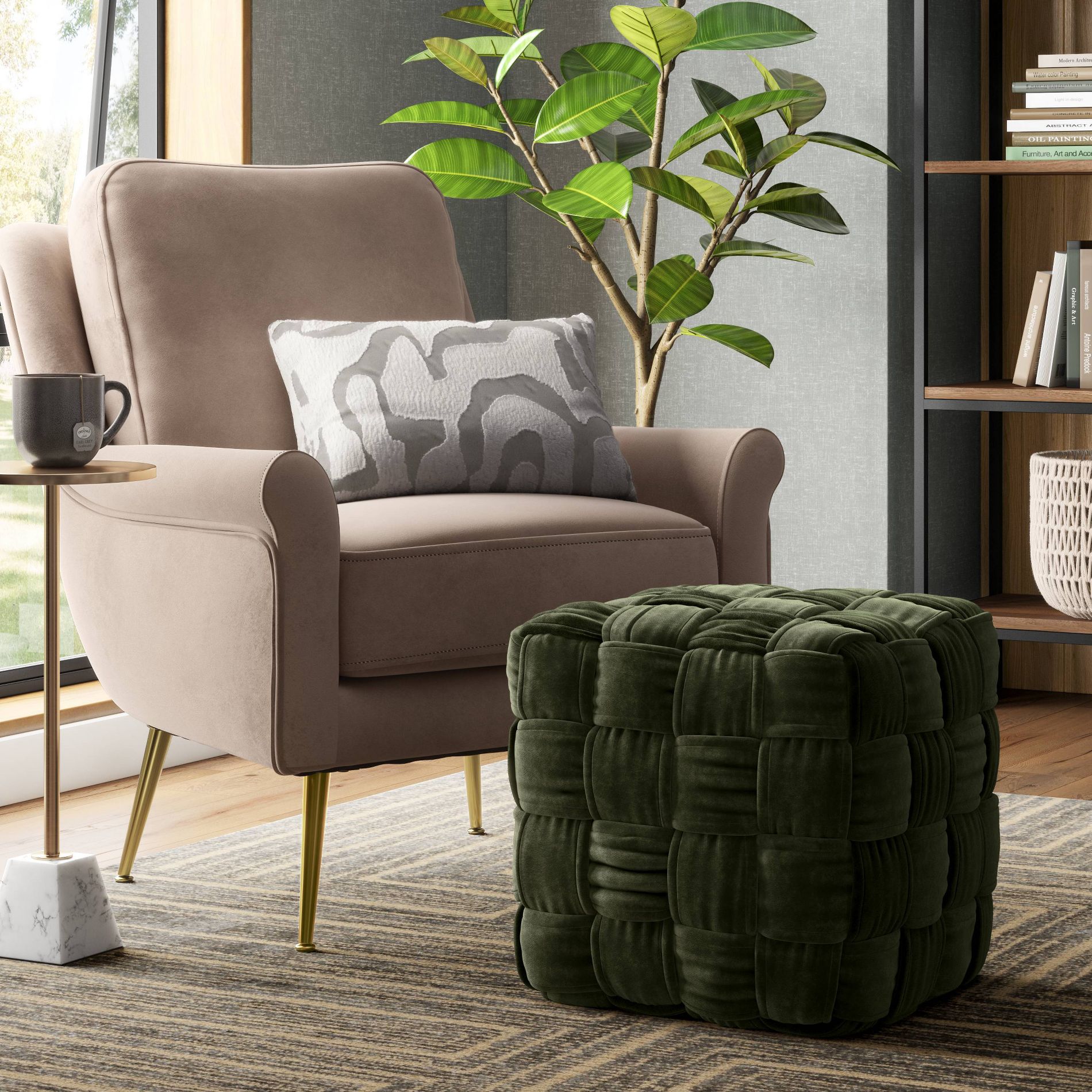 Square Woven Pouf Ottoman Green Velvet - Threshold™: Upholstered Cotton & Polyester, No Assembly Required