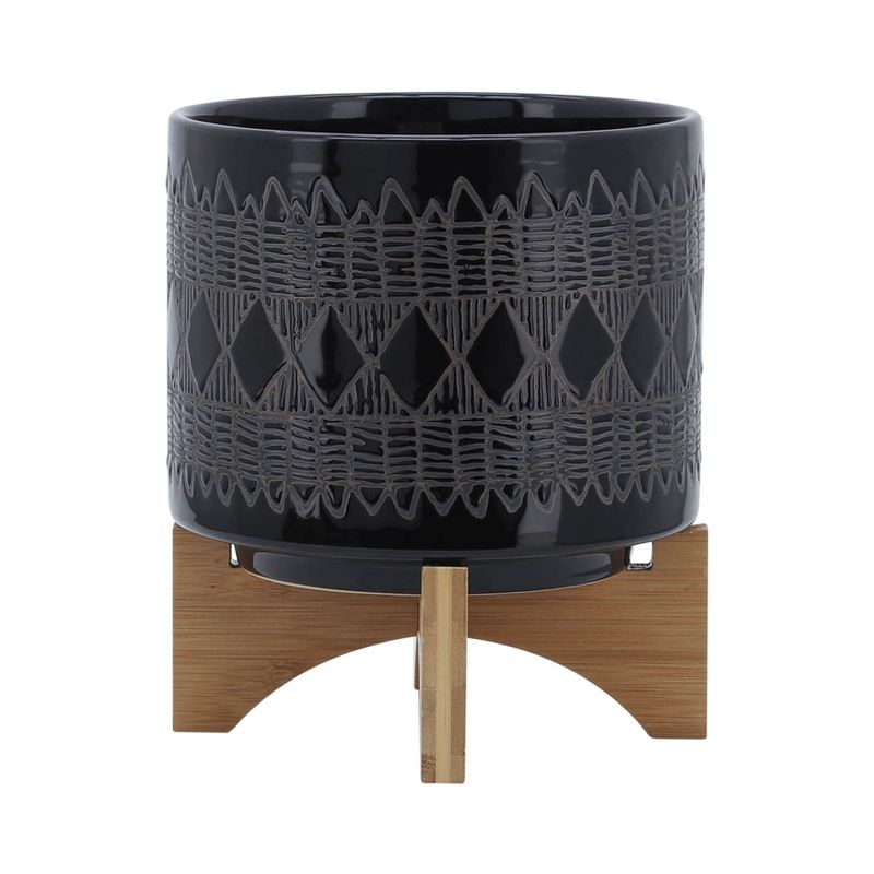 Sagebrook Home with Wooden Stand Aztec Ceramic Indoor Outdoor Planter Pot Black, 3 of 9