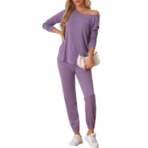 cheibear Women's Sweatshirt Jogger Lounge Set Long Sleeve Knit Round Neck Pajama Tracksuit - 1 of 4