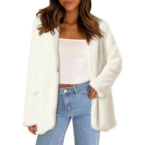 INSPIRE CHIC Women's Faux Fur Winter Open Front Notch Lapel Long Sleeve Fluffy One Button Coat - 1 of 4