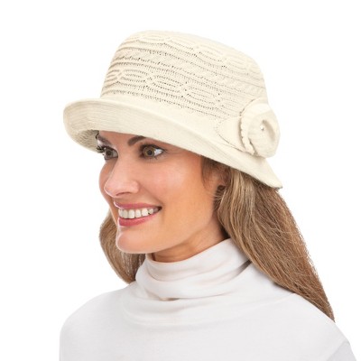 Collections Etc Crochet Flower Textured Knit Full Brimmed Hat
