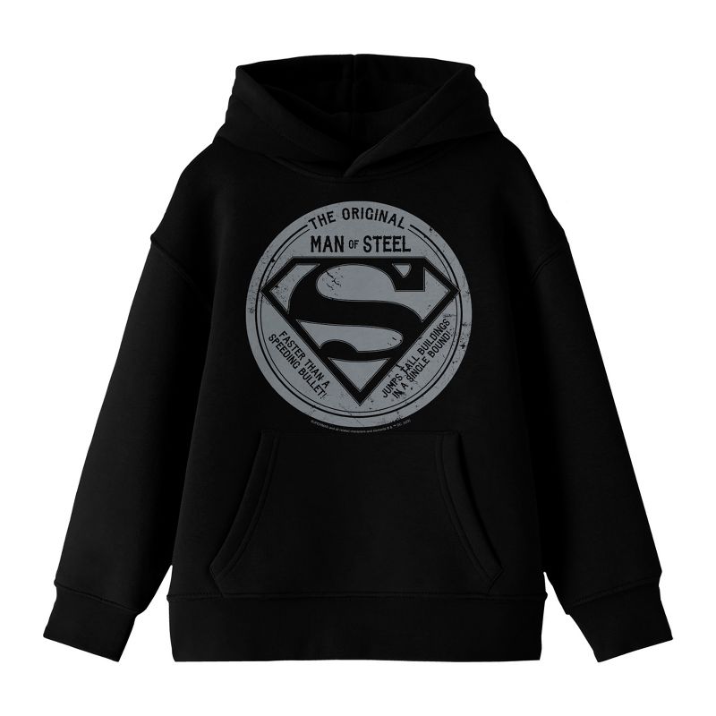 Superman The Original Man Of Steel Long Sleeve Black Youth Hooded Sweatshirt, 1 of 4