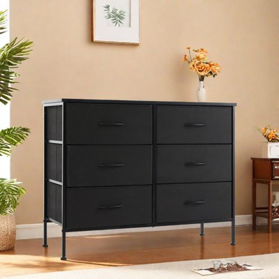 GlasFlength Decorative Storage Cabinets Tall Dresser Fabric Storage Tower ,6 Drawers Wood Top for Kid Room, Nursery, Black 38.2"*13.8"*30"