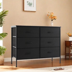 GlasFlength Decorative Storage Cabinets Tall Dresser Fabric Storage Tower ,6 Drawers Wood Top for Kid Room, Nursery, Black 38.2"*13.8"*30" - 1 of 4