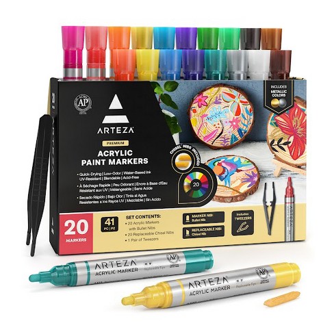 Arteza Premium Acrylic Artist Marker Set, Classic Hues and Metallic Colors,  Replaceable Tips - 20 Pack