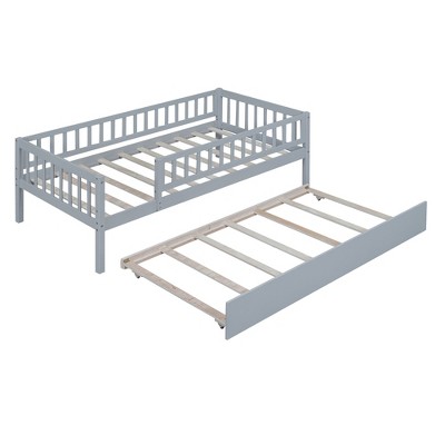 Bellemave Twin Size Platform Bed with Trundle beds Wooden Daybed Frame with Trundle and fence Guardrails, Gray