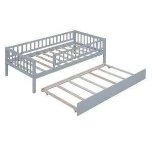 Bellemave Twin Size Platform Bed with Trundle beds Wooden Daybed Frame with Trundle and fence Guardrails, Gray - 1 of 3