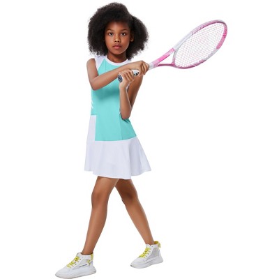 Girls Round Neck Tennis Golf Sport Dress Sleeveless Athletic Pleated Skirt Sets with Built-in Shorts Pockets Purple 3-12Y