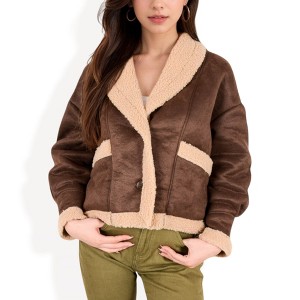 Anna-Kaci Women's Faux Shearling Jacket with Shawl Collar and Contrast Trim - 1 of 4