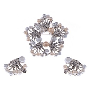 Anna-Kaci Women's Classy Multi-Color Faux Pearl Clear Rhinestone Crystal Brooch Pin Floral Earring Stud Set - Multicolor - 1 of 4