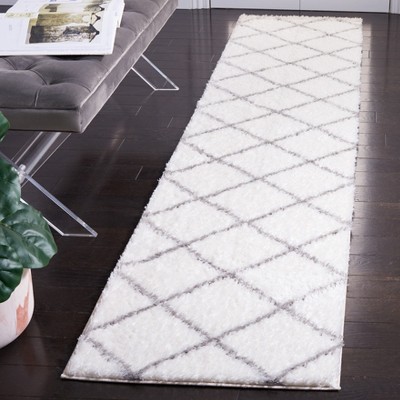 White and Gray Geometric Shag Runner Rug, 2' x 9'