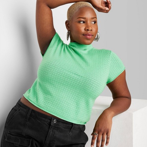 Women's Short Sleeve Mock Turtleneck Pointelle Pullover Sweater - Wild Fable™  Mint Green 1x : Target