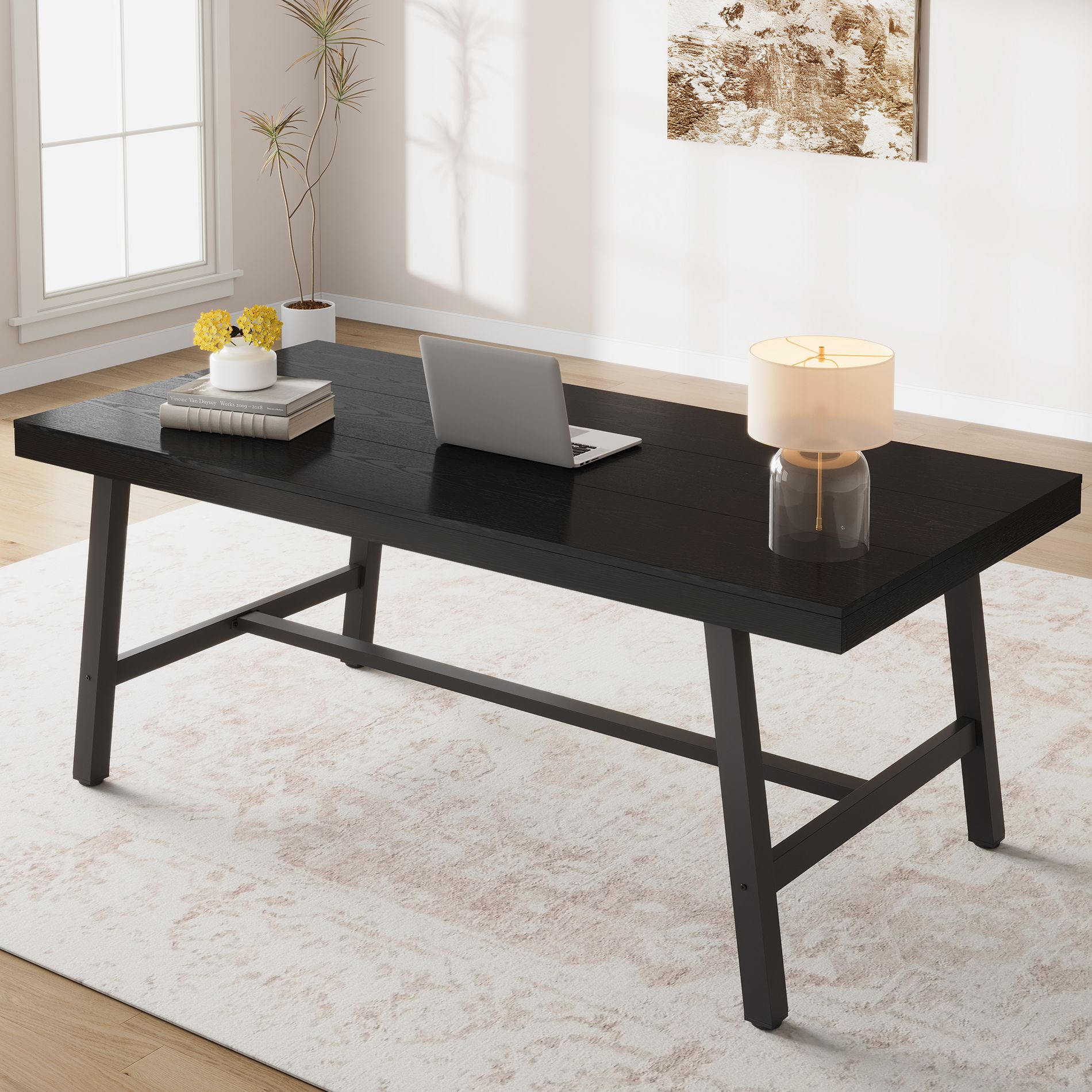 70.87"Dining Table for 6-8, Rustic Wood Kitchen Table with Sturdy Black Metal Legs, Industrial Rectangle Patio Table for Living/Dining Room, Patio