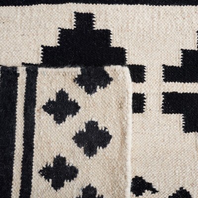 Black and Ivory Geometric Wool 8' x 10' Flat Woven Rug