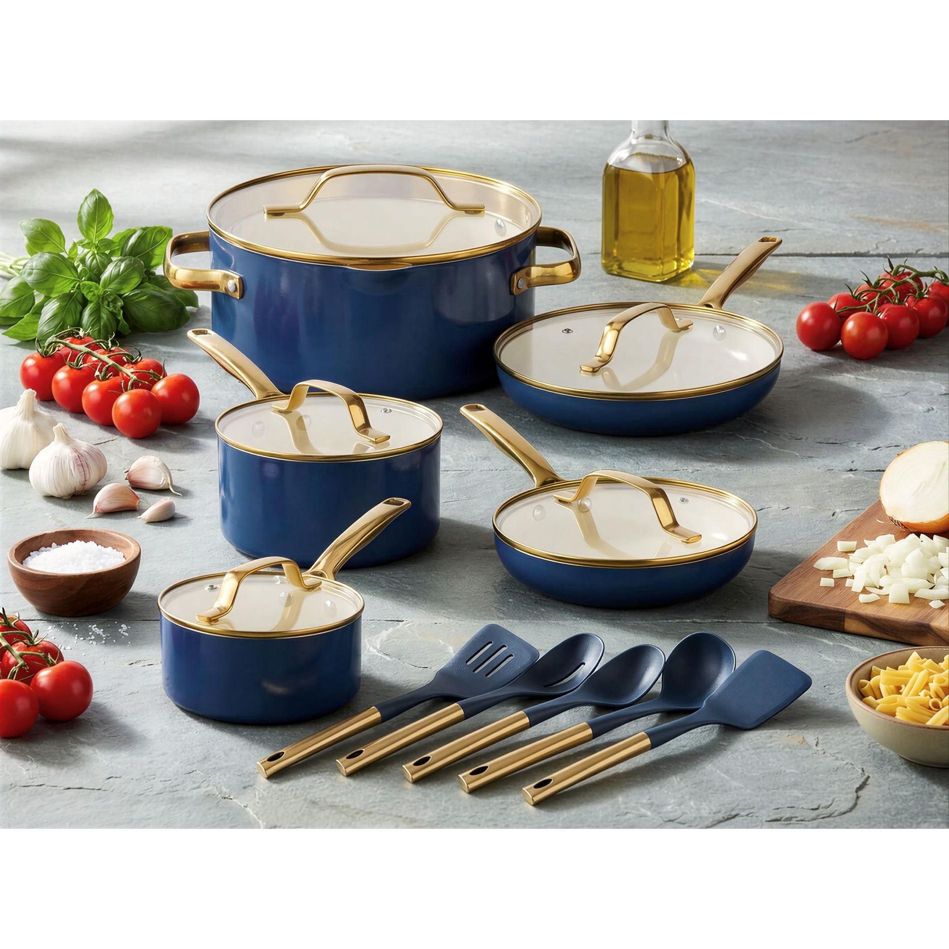 Gotham Steel Pots and Pans Set Modern 15 Pc Ceramic Nonstick Cookware Set Navy