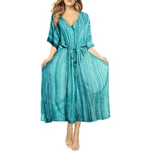 LA LEELA Women's House Daily Routine Evening Wear Vacation Holiday Casual Loungewear Oversize Caftan Maxi Boho Nightwear 2X-3X Blue, Tie Dye Design - 1 of 3