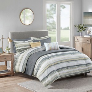 Sapphtopaz Bedding Comforter Set 8 Piece Watercolor Stripes Print Seersucker Channel Stitch Reversible Quilting Quilt Set - 1 of 4