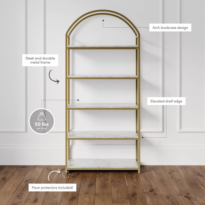 Nathan James 72.1&#34; Haven Metal 5 Shelves Arch Standing Storage Bookshelf White/Gold, 3 of 9