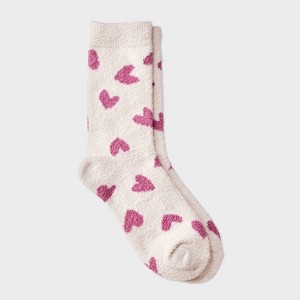 Girls' Hearts Cozy Pajama Crew Socks - art class™ Cream - 1 of 3