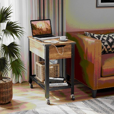 Bestier Narrow End Table with Charging Station & Removable Laptop Desk & Wheels
